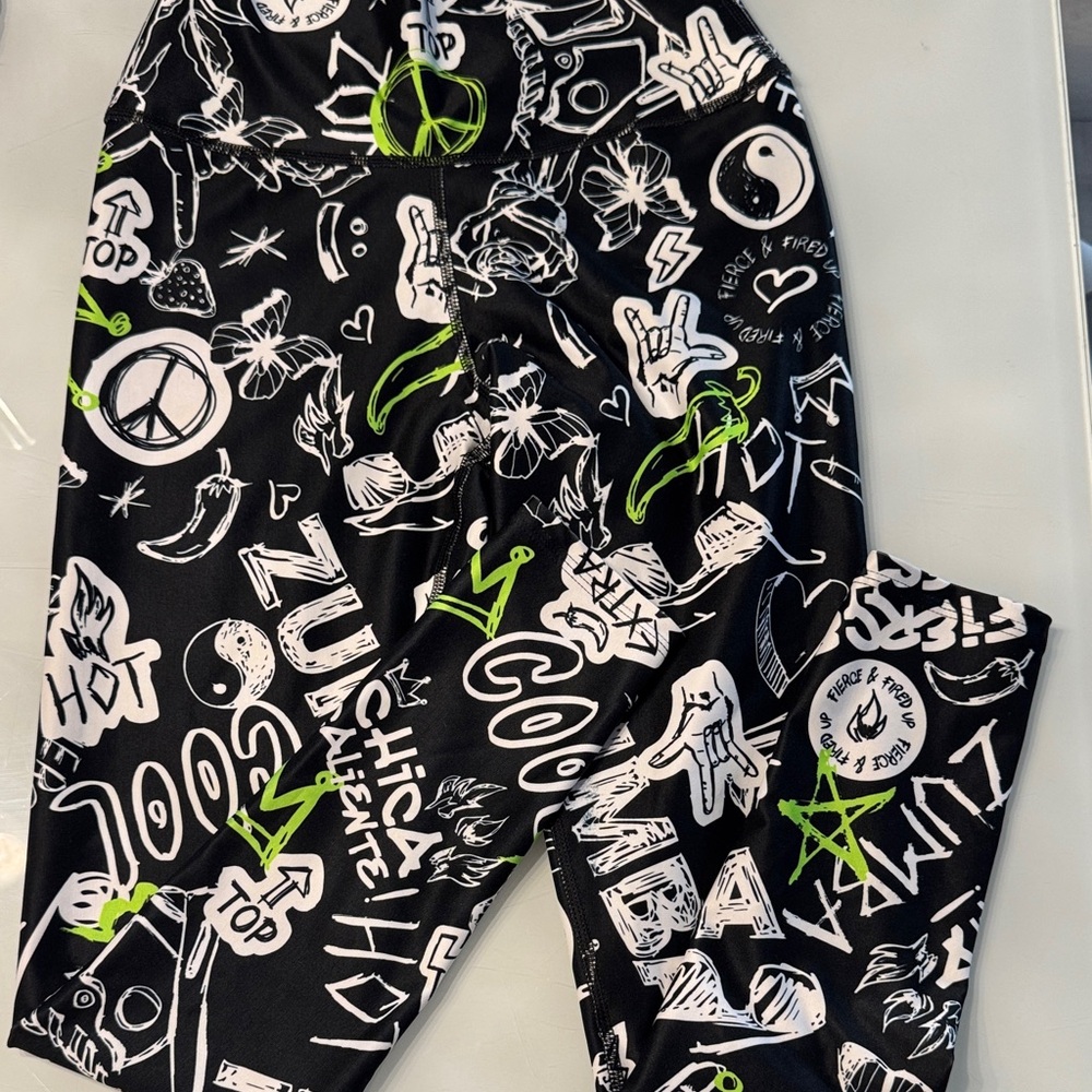 Zumba Fitness Black Leggings with White and Green Graphics